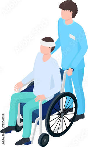 Male nurse pushing older man in wheelchair, both wearing casual and medical attire. Healthcare worker assisting elderly patient. Caring for disabled vector illustration.