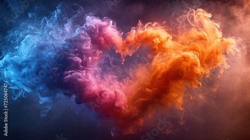  a colorful cloud of smoke in the shape of a heart on a black background with a red, orange, and blue smoke trail. photo