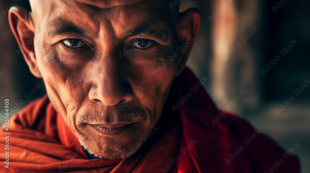 Close-up of serene Buddhist monk with insightful gaze, draped in traditional robes, embodying sense of calm and reflection.