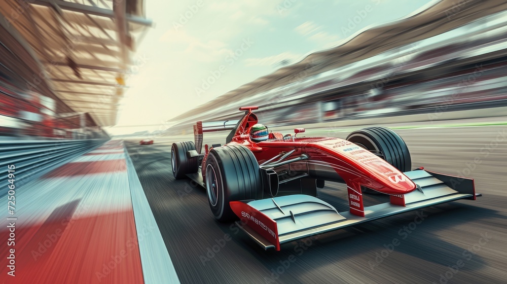 Fototapeta premium Racer on a racing car passes the track. Motion blur background. 3D rendering