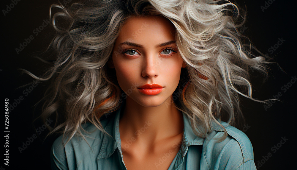 Beautiful woman with long blond curly hair, looking at camera generated by AI Beautiful woman with long blond curly hair, looking at camera generated by AI