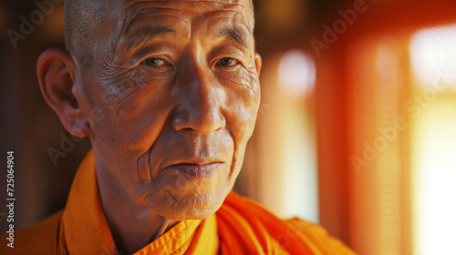 Elder Buddhist monk with serene expression, wearing traditional orange robes, against warm, blurred background, capturing sense of peace and wisdom. © unicusx