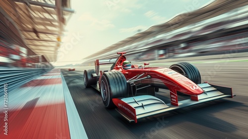 Racer on a racing car passes the track. Motion blur background. 3D rendering photo