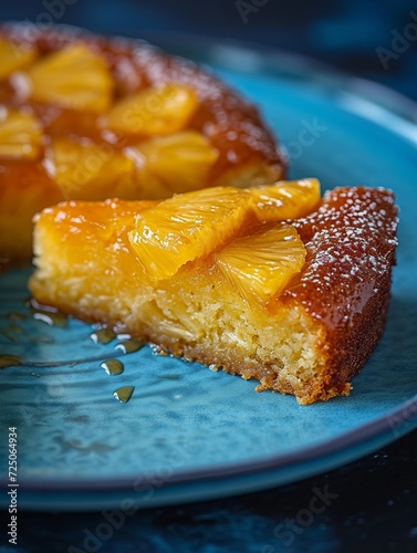 A close-up of a pineapple upside down cake slice on a blue plate photo