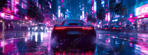 A futuristic red sports car speeding in a cyberpunk cityscape under the rain