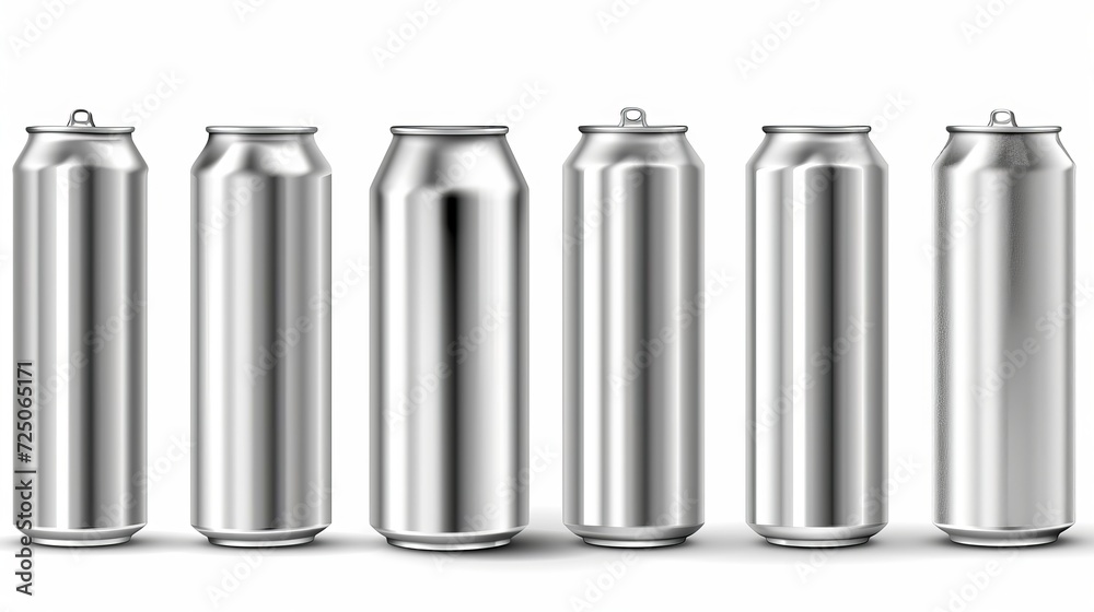 Realistic soda aluminium cans, silver drink mockups. Isolated vector metal 3d tin jars front view. Metallic tubes and tall blank canisters with lemonade, juice, coffee or invigorating beverage Realistic soda aluminium cans, silver drink mockups. Isolated vector metal 3d tin jars front view. Metallic tubes and tall blank canisters with lemonade, juice, coffee or invigorating beverage
