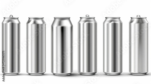 Realistic soda aluminium cans, silver drink mockups. Isolated vector metal 3d tin jars front view. Metallic tubes and tall blank canisters with lemonade, juice, coffee or invigorating beverage