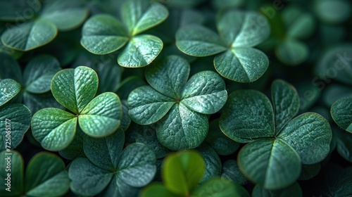  a group of four leaf clovers with green leaves in the foreground and a third leaf clover in the background.