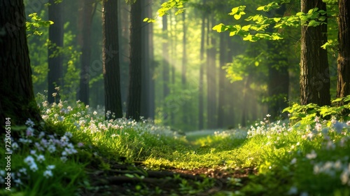  the sun shines through the trees in a green forest filled with wildflowers and other wildflowers.