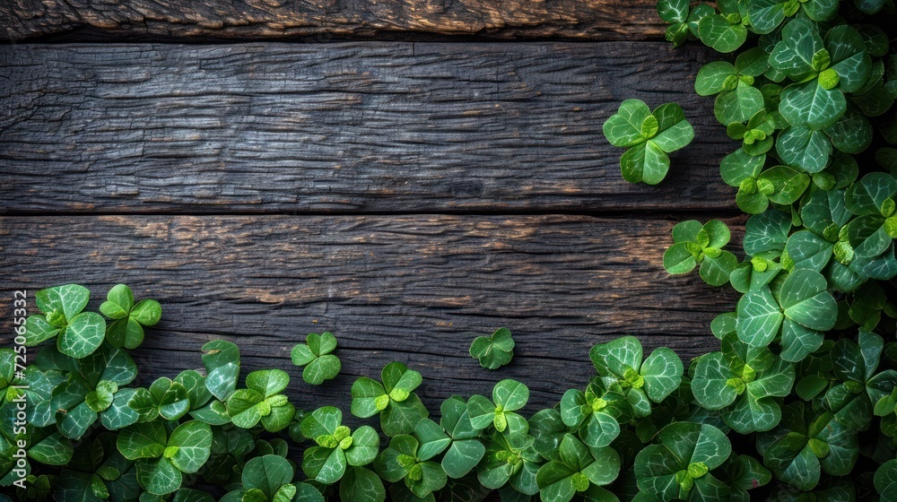 a group of green leaves on top of a wooden table next to a wooden plank with a green plant growing out of it. a group of green leaves on top of a wooden table next to a wooden plank with a green plant growing out of it.