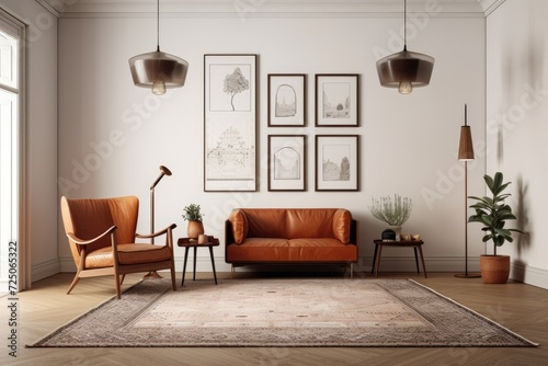 Interior of living room with leather armchair, carpet, floor lamp, and coffee table on hardwood floors and three blank vertical posters on white wall