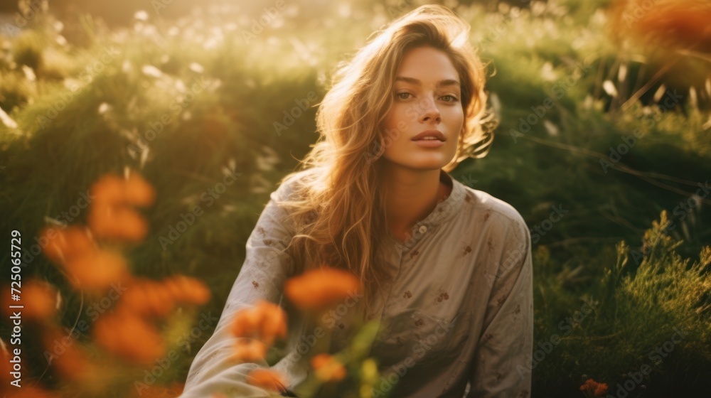 Woman in nature with sunset light Woman in nature with sunset light