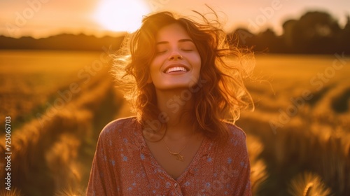 Ecstatic woman enjoying the sunset in a wheat field © Viktor