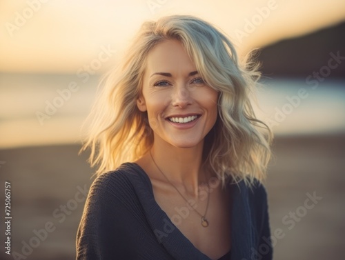 Bright smile of a blonde woman by the sea at dusk