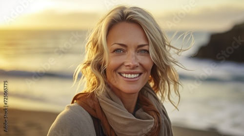 Woman with scarf smiling at beach