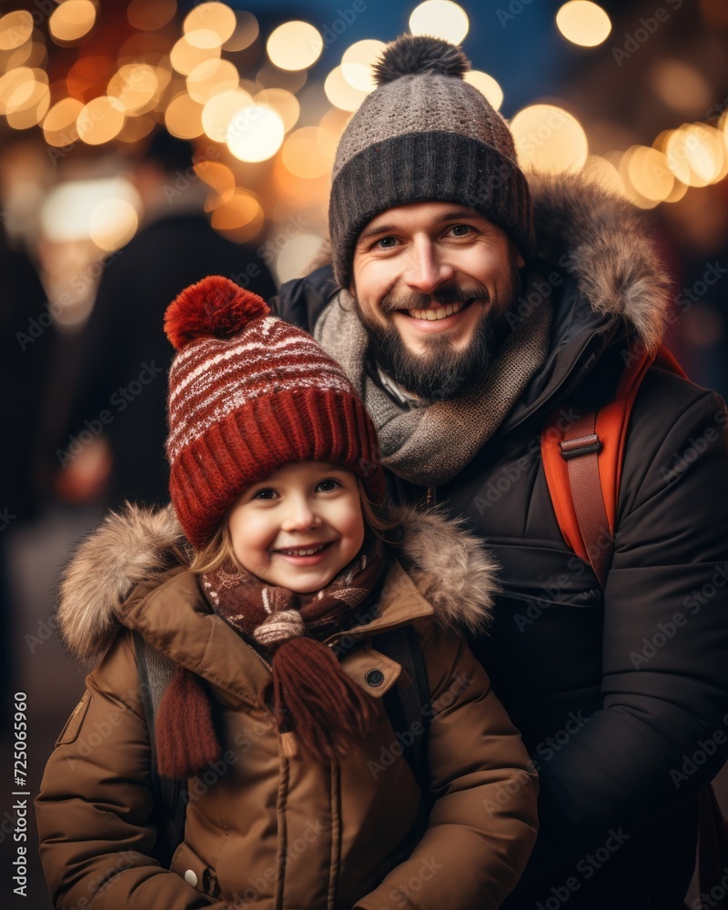 Joyful Father and Child in Winter Evening Joyful Father and Child in Winter Evening
