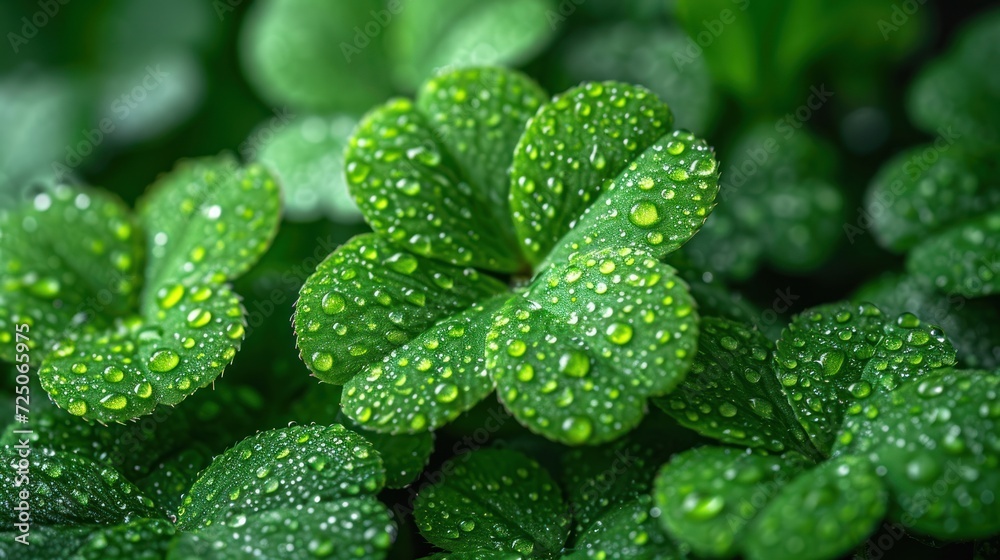  a close up of a group of green leaves with drops of water on the leaves and the leaves in the background.