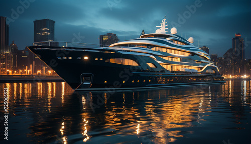 Luxury yacht sails through city skyline at dusk generated by AI © Stockgiu