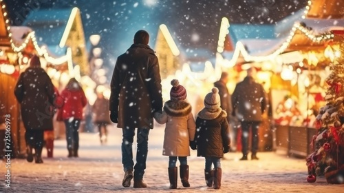 Family Walking Through Snowy Christmas Market