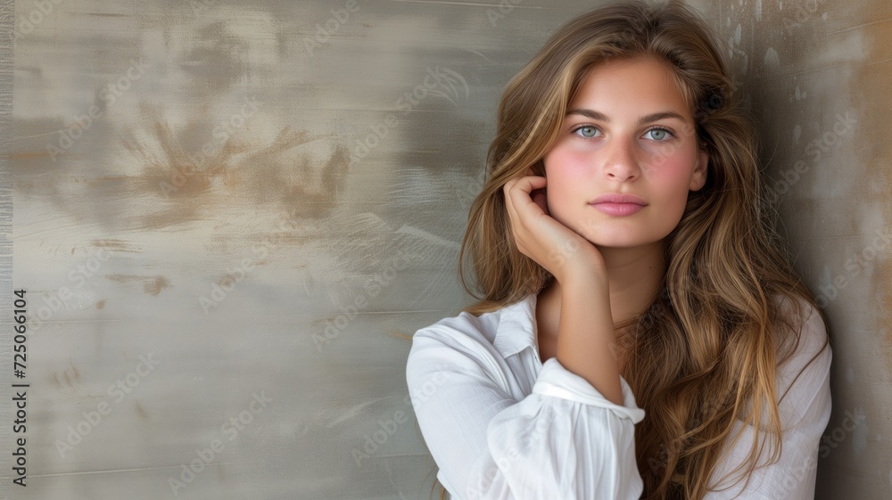 Thoughtful young woman leaning against a textured wall Thoughtful young woman leaning against a textured wall