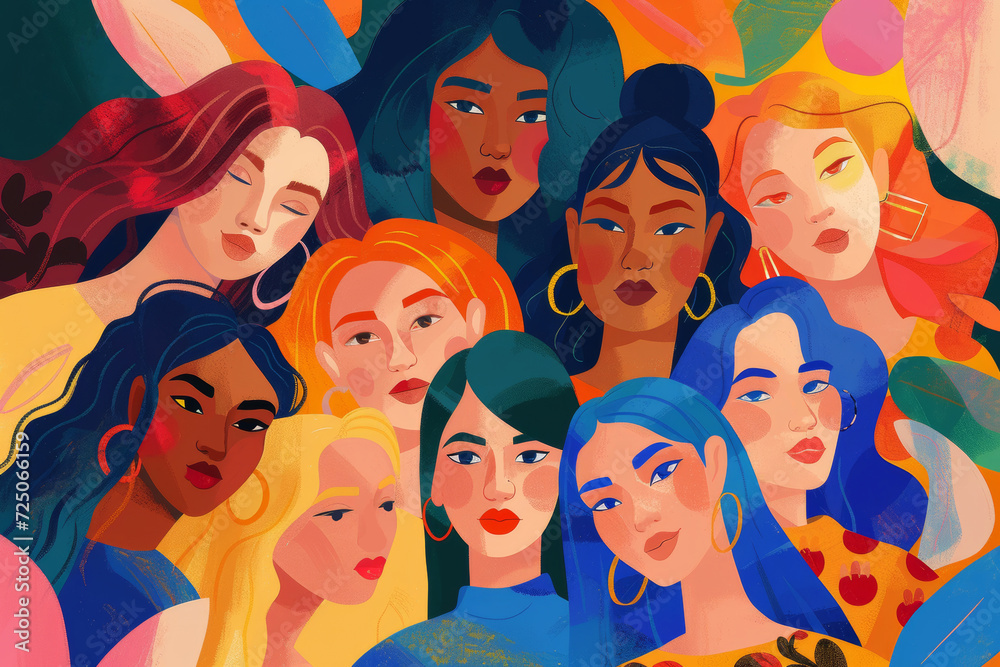 Vibrant illustration of diverse women’s faces with bold colors and abstract shapes, symbolizing unity and beauty in diversity