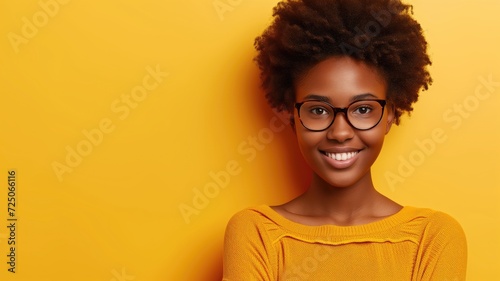 Radiant young woman with glasses and afro smiling on a bright yellow background