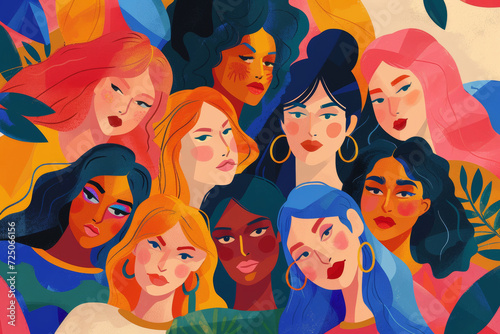 Colorful illustration of diverse women with a variety of hair colors and styles, exuding confidence and sisterhood.