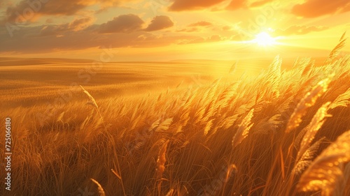 The sun setting over a vast golden wheat field under a dramatic sky © Татьяна Макарова