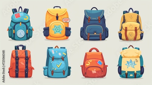 Travel bags. Cartoon knapsack and suitcase. Tourist case with stickers. Camping and hiking rucksack. Journey and adventure baggage. Travelers luggage. Vector traveling backpacks set photo