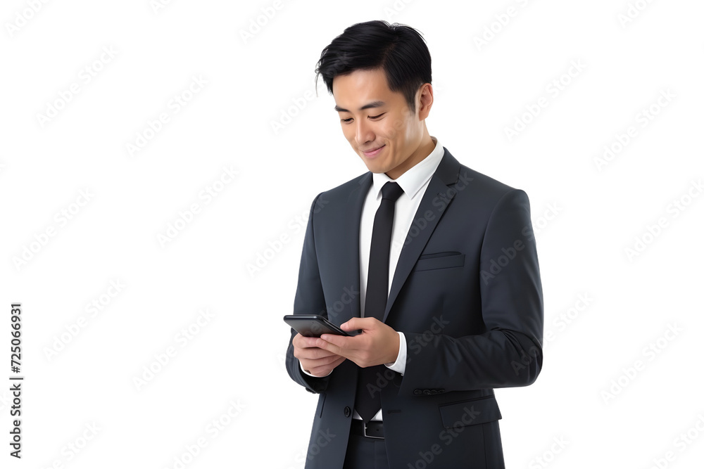 asian businessman in suit browsing on mobile phone isolated on transparent background asian businessman in suit browsing on mobile phone isolated on transparent background