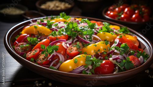 Fresh, healthy salad organic vegetables, gourmet ingredients, cooked meat generated by AI