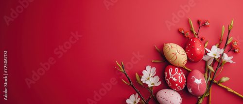 light red easter background, with minimalistic Easter eggs on, with empty copy space
