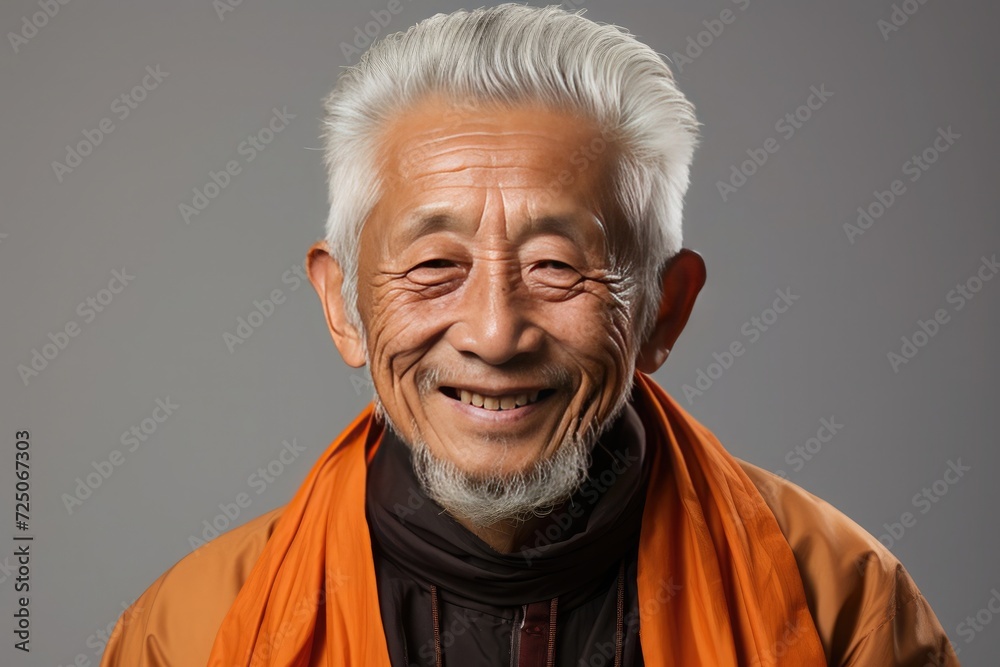 photo middle aged asian man wearing buddhist robe smiling photo middle aged asian man wearing buddhist robe smiling