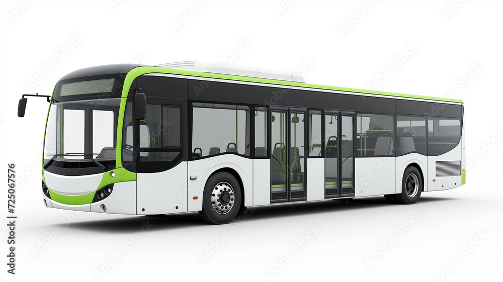 A modern white and green eco bus on a white background
