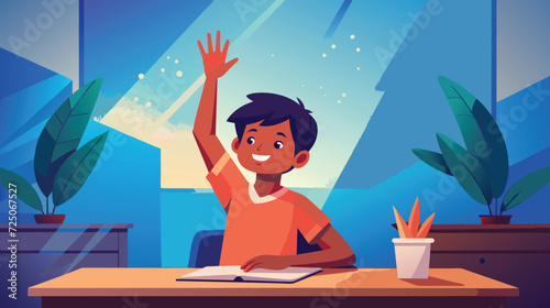 Young Boy Raising Hand at Desk