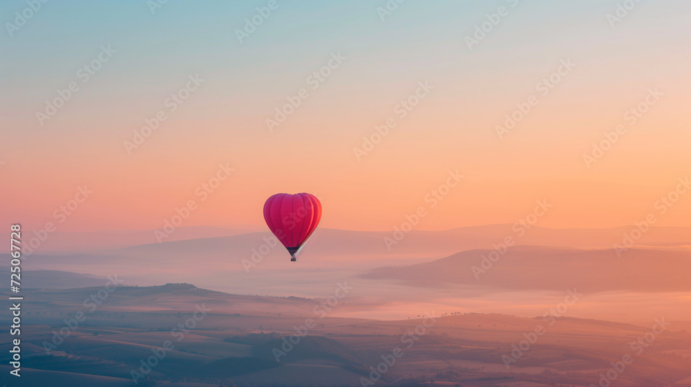 Fototapeta premium Hot air balloon over the sea at sunset. Colorful sky with clouds.