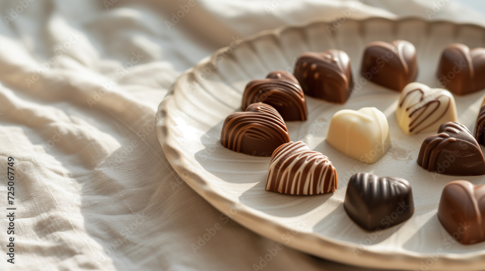 Plate with delicious chocolates on bed, closeup view Plate with delicious chocolates on bed, closeup view