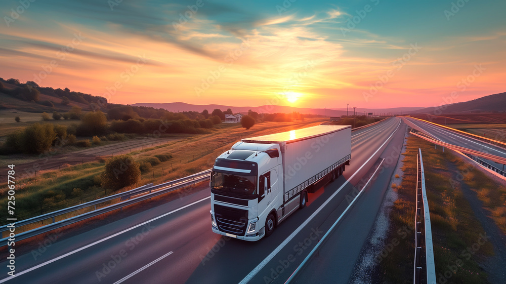 Aerial view of a truck running on a highway at sunset Aerial view of a truck running on a highway at sunset