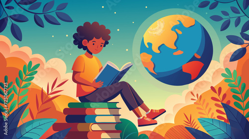 Young Person Reading Atop a Stack of Books at Sunset With Earth in the Background