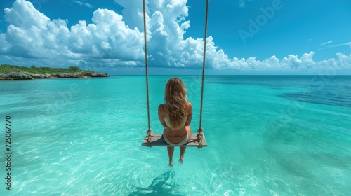  a woman in a bikini sitting on a swing in the middle of a body of water with an island in the background.