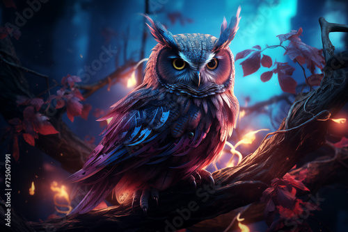 Mystical Owl Perched on a Neon-Lit Branch photo