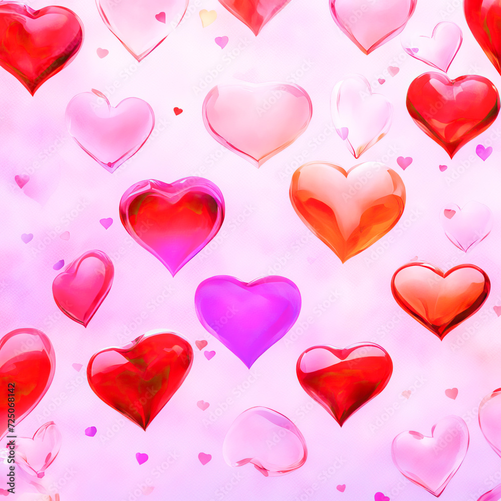 Background of red and pink hearts. For Valentine's Day