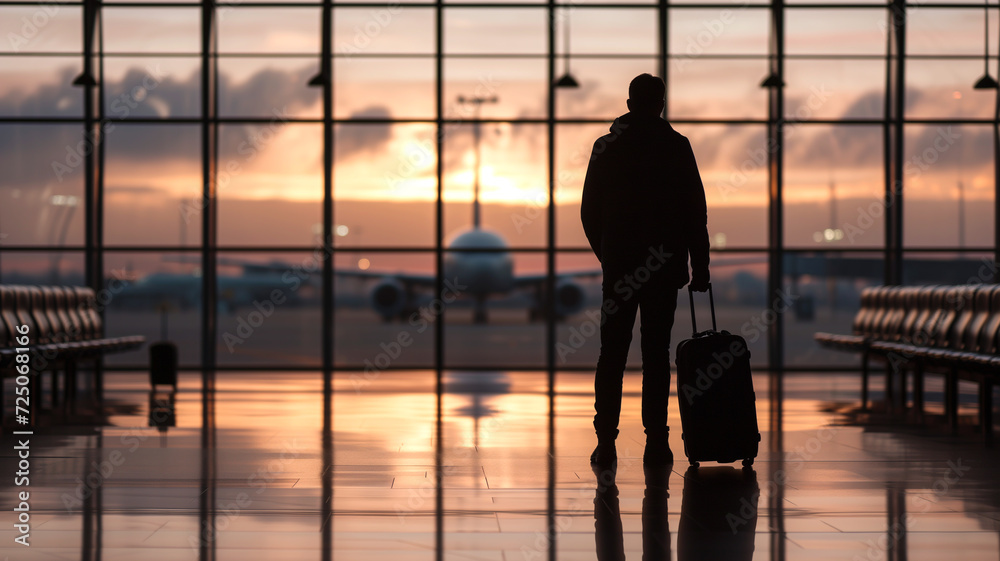 Silhouette of a man with trolley at the airport Silhouette of a man with trolley at the airport