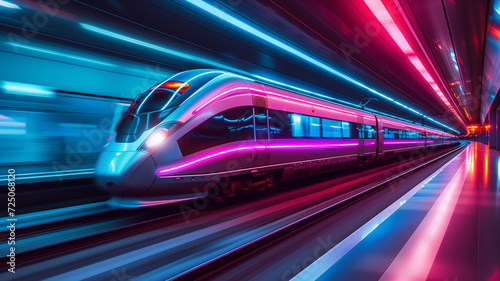 Futuristic smart train travels fast in a tunnel, blue and purple © Cla78