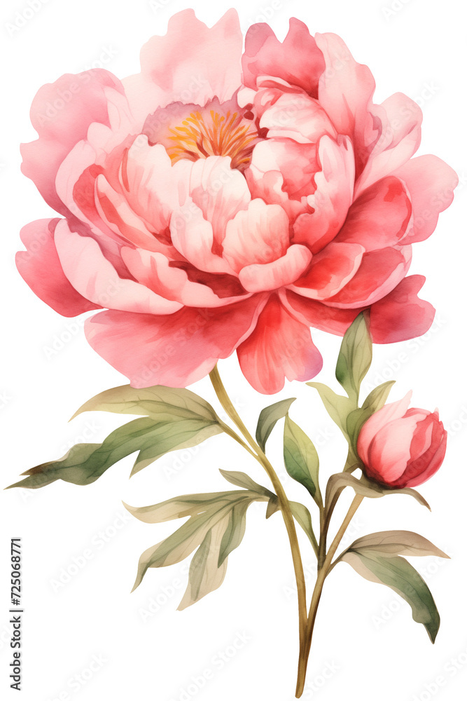 Watercolor Peony flower. Pink floral vertical arrangement isolated botanical illustration. Blossom flowers design.