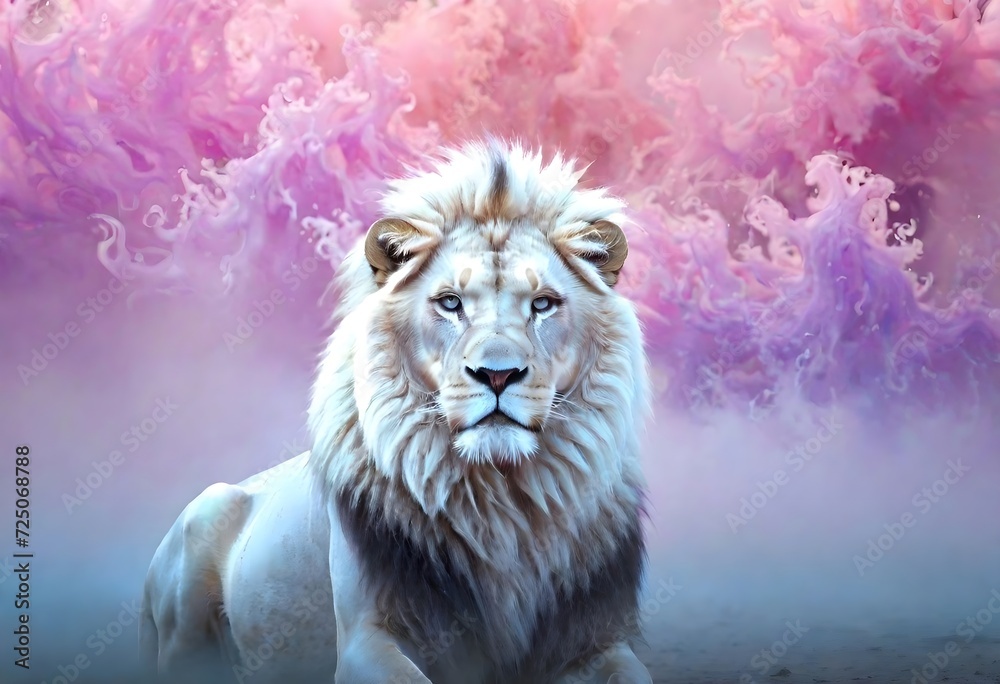 White lion between pink dust