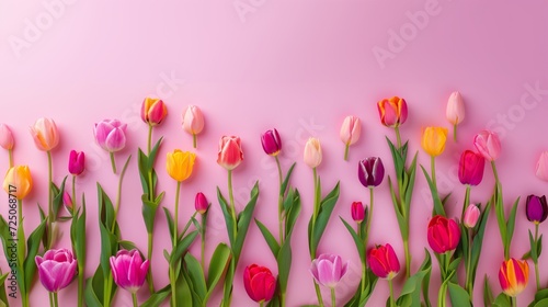 Vibrant and Diverse Display of Blooming Tulips Against a Soft Pink Backdrop, Multicolored Tulips Capturing the Essence of Springs Arrival © Sebastian