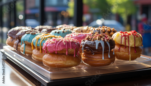 Stacked donuts, sweet indulgence, tempting dessert, colorful and delicious generated by AI