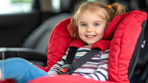 Happy child secured in car safety seat, ensuring safe travel and road trip concept