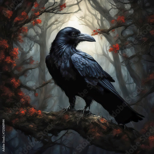 Black wise raven sits on a thick tree branch photo